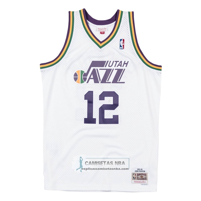 Camiseta Utah Jazz John Stockton NO 12 Mitchell & Ness 1991-92 Blanco